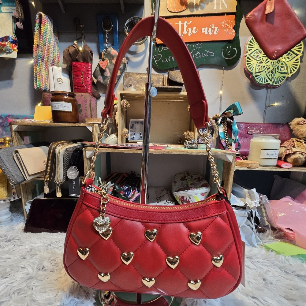 Red Quilted Heart-Embellished Handbag NWT